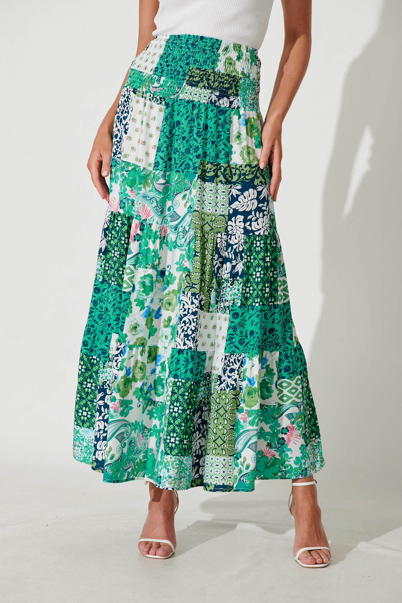 Macarena Maxi Skirt In Multi Green Patchwork - front