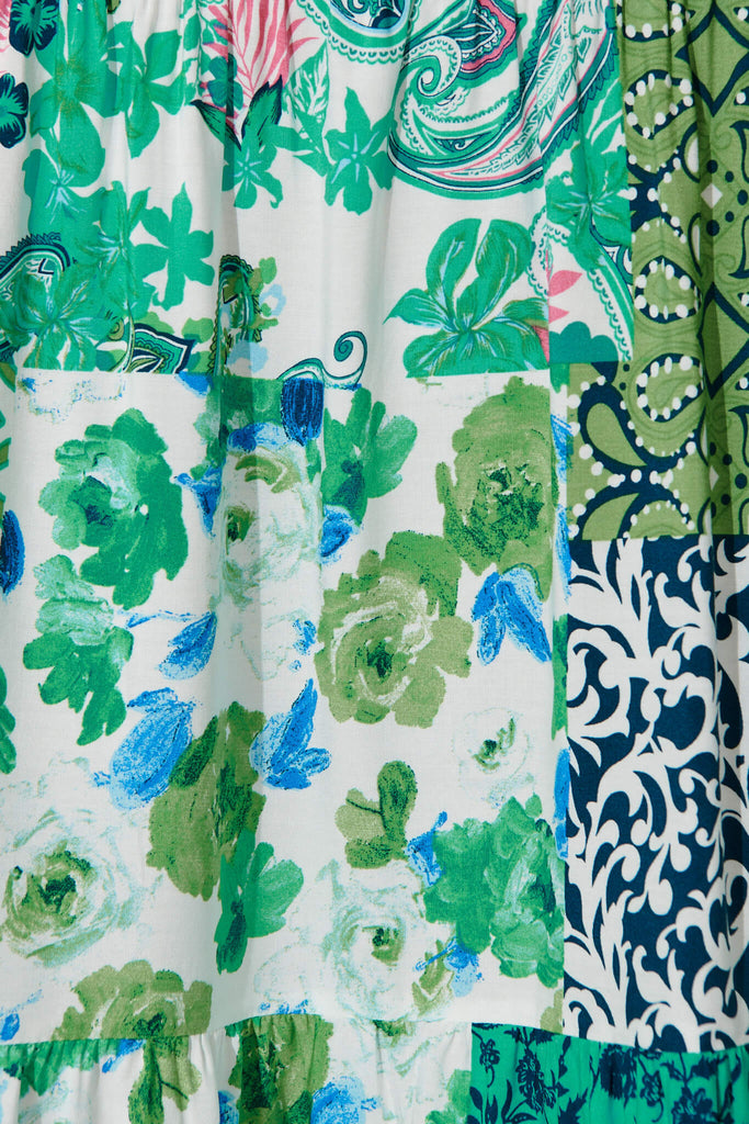 Macarena Maxi Skirt In Multi Green Patchwork - fabric