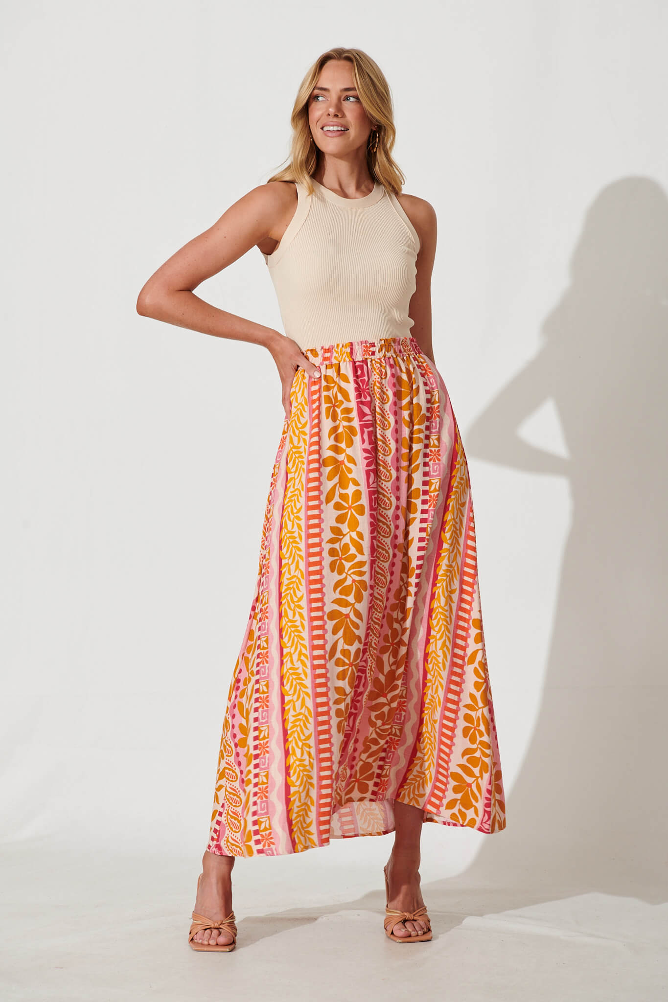 Island Maxi Skirt In Pink With Rust Linen Blend St Frock