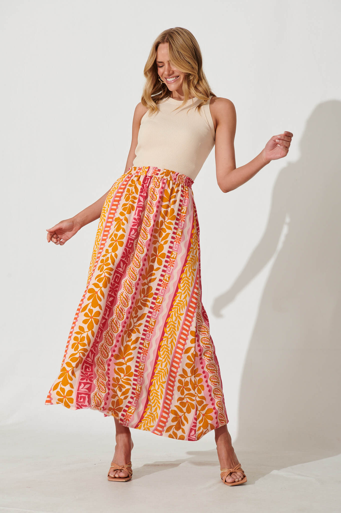 Island Maxi Skirt In Pink With Rust Linen Blend - full length