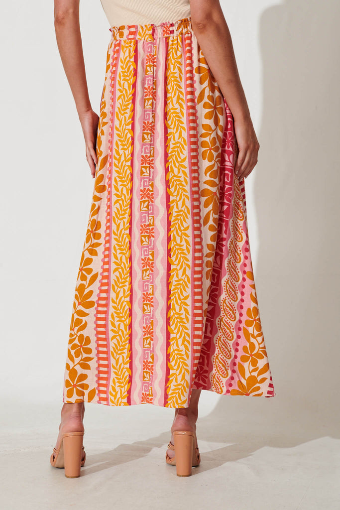 Island Maxi Skirt In Pink With Rust Linen Blend - back