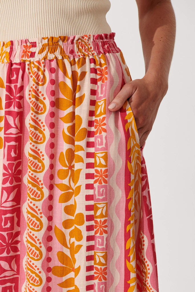 Island Maxi Skirt In Pink With Rust Linen Blend - detail
