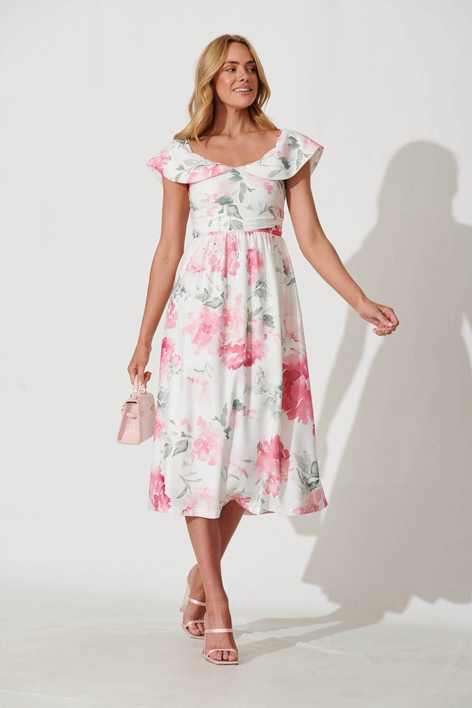 Floraison Midi Dress In White With Pink Floral Linen Blend - full length