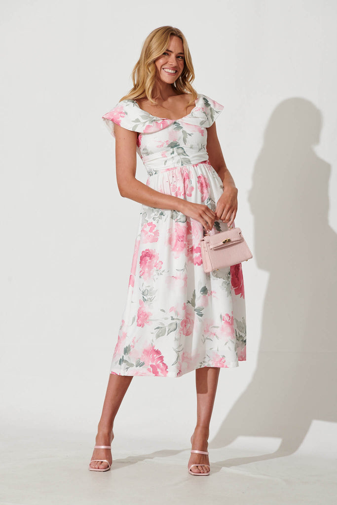 Floraison Midi Dress In White With Pink Floral Linen Blend - full length