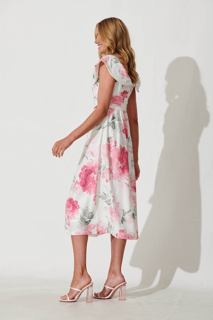 Floraison Midi Dress In White With Pink Floral Linen Blend - side
