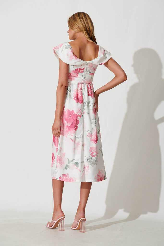 Floraison Midi Dress In White With Pink Floral Linen Blend - back
