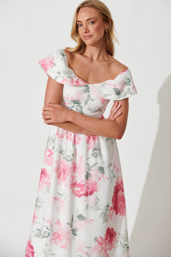 Floraison Midi Dress In White With Pink Floral Linen Blend - front