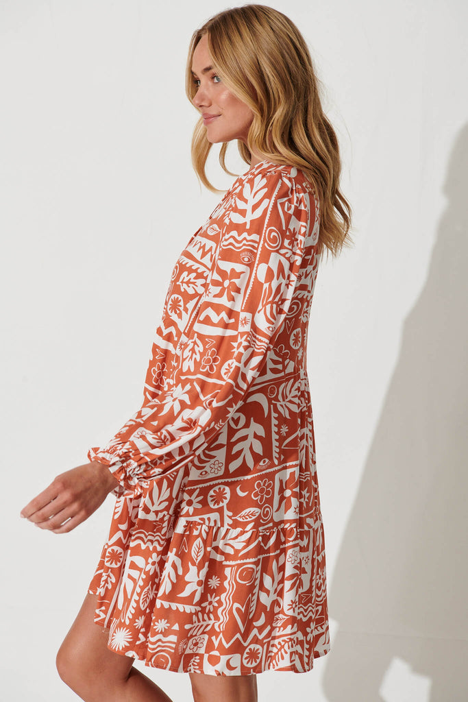 Solana Smock Dress In Rust With White Print - side