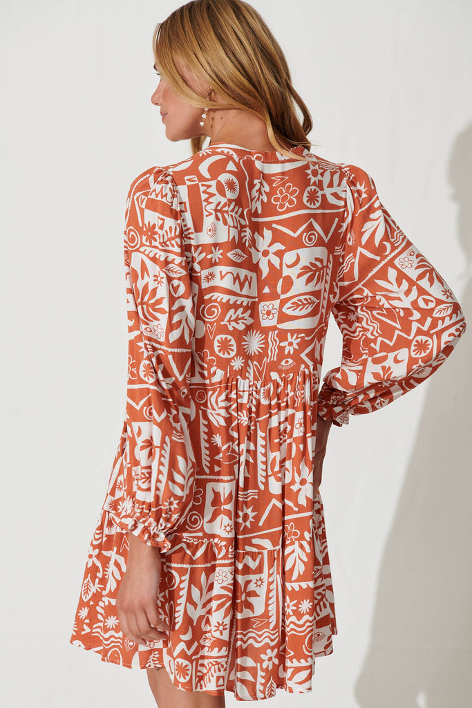 Solana Smock Dress In Rust With White Print - back
