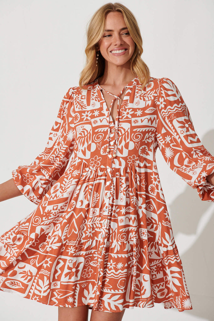 Solana Smock Dress In Rust With White Print - front
