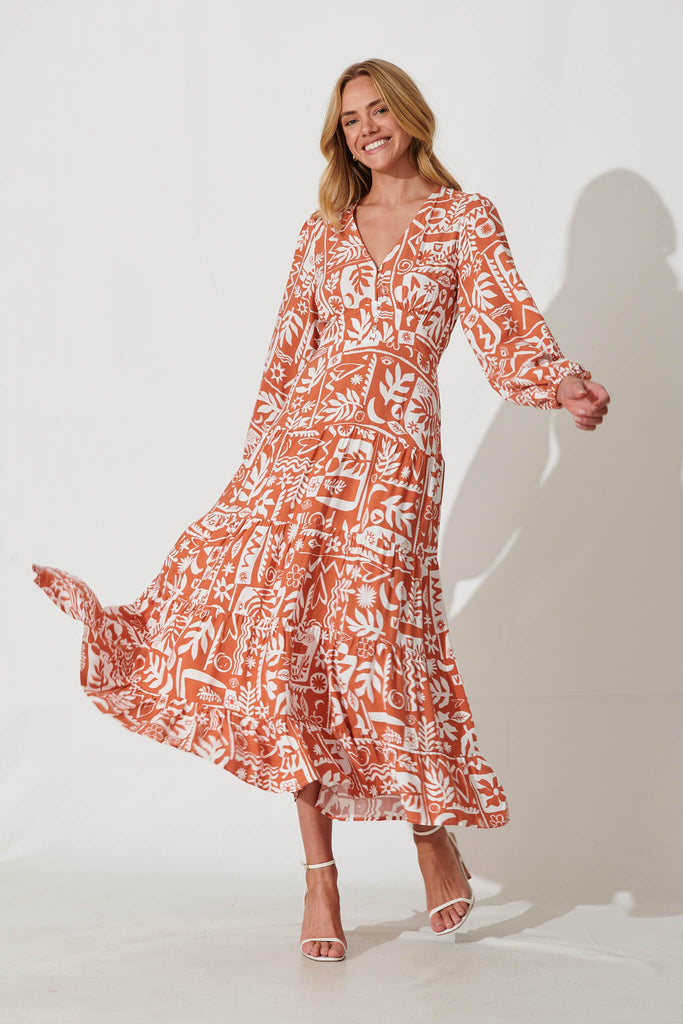 Rina Maxi Dress In Rust With White Print - full length