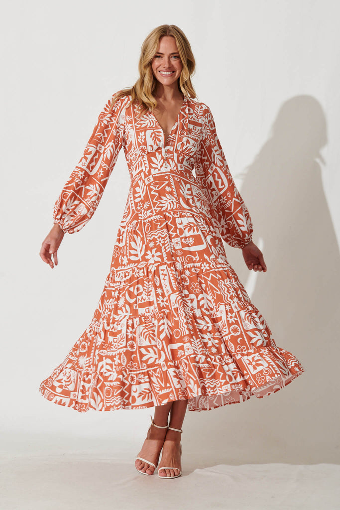 Rina Maxi Dress In Rust With White Print - full length