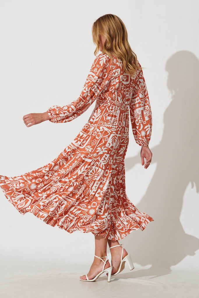 Rina Maxi Dress In Rust With White Print - side