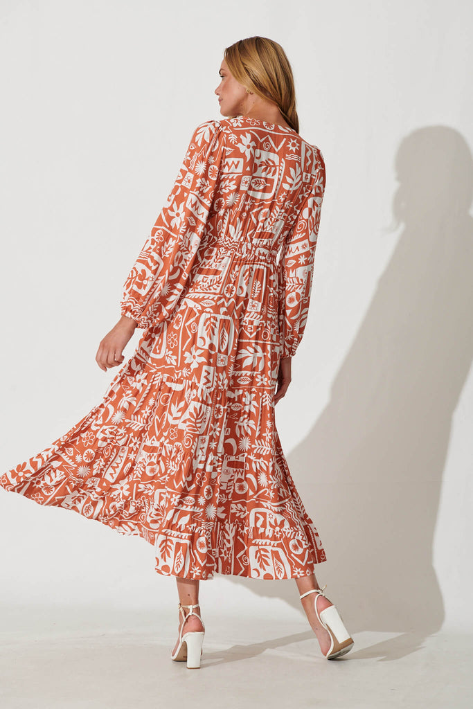 Rina Maxi Dress In Rust With White Print - back