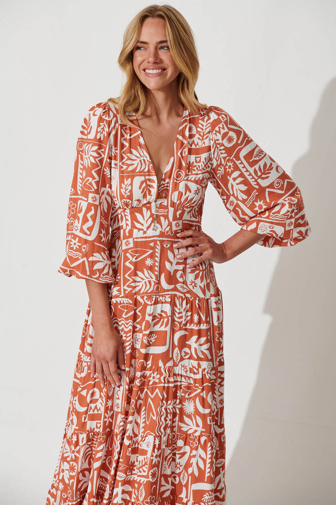Rina Maxi Dress In Rust With White Print - front