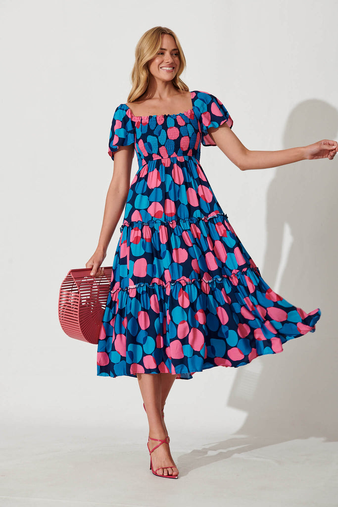 Kerrie Midi Dress In Blue With Pink Spot - full length