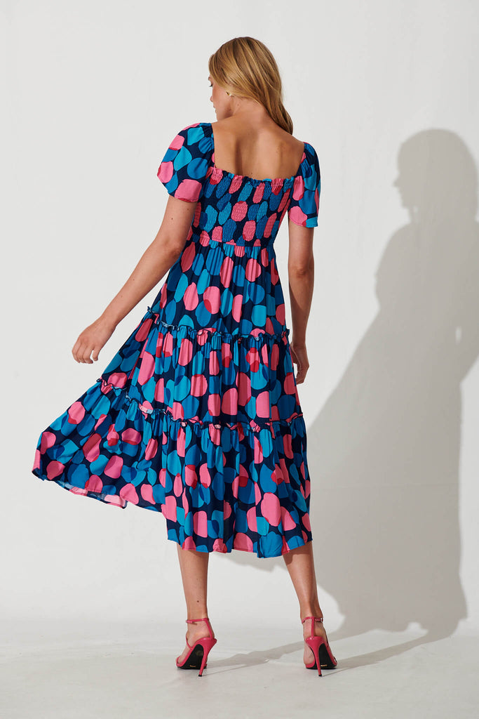 Kerrie Midi Dress In Blue With Pink Spot - back