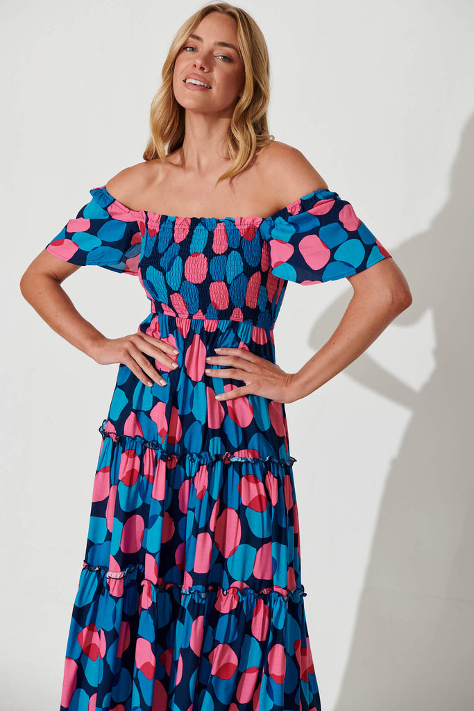 Kerrie Midi Dress In Blue With Pink Spot - front