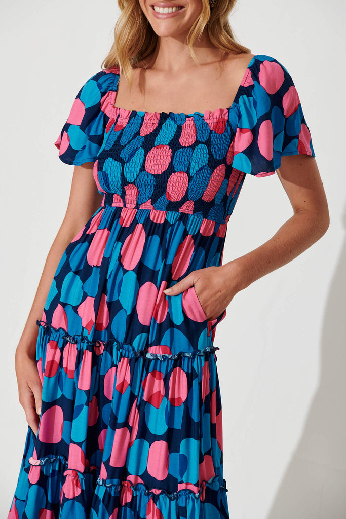 Kerrie Midi Dress In Blue With Pink Spot - detail