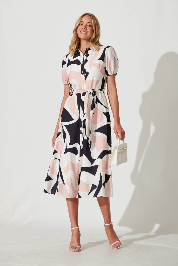 Martine Midi Shirt Dress In Blush With Cream Geometric Print Cotton Blend - full length