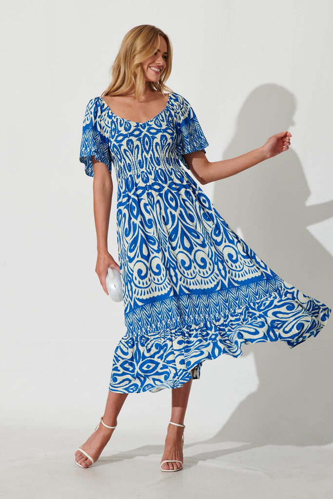 Carmella Maxi Dress In White And Blue Border Print - full length
