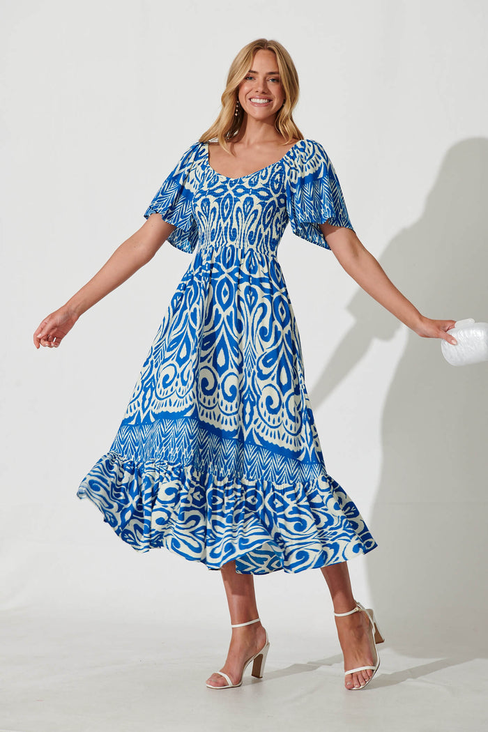 Carmella Maxi Dress In White And Blue Border Print - full length
