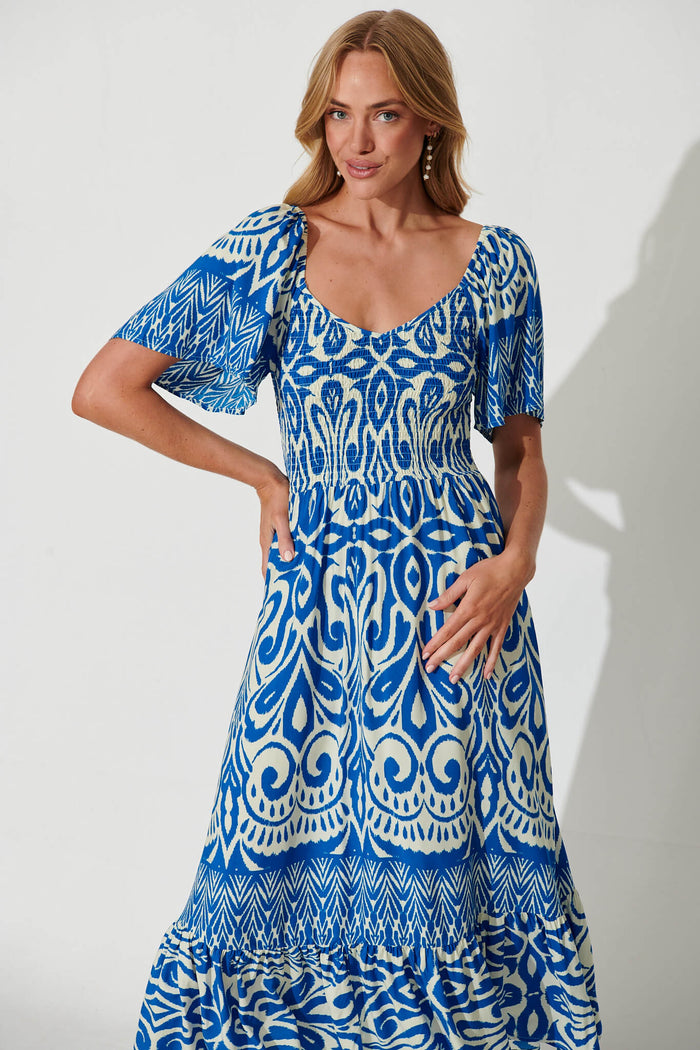 Carmella Maxi Dress In White And Blue Border Print - front