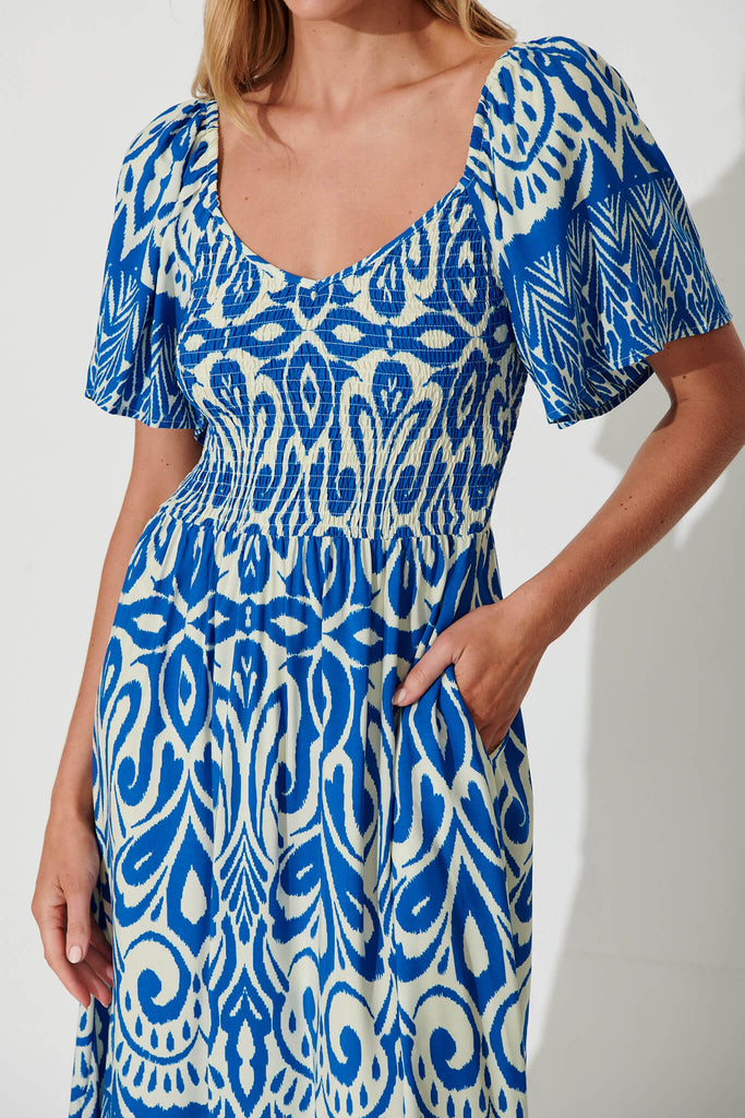Carmella Maxi Dress In White And Blue Border Print - detail