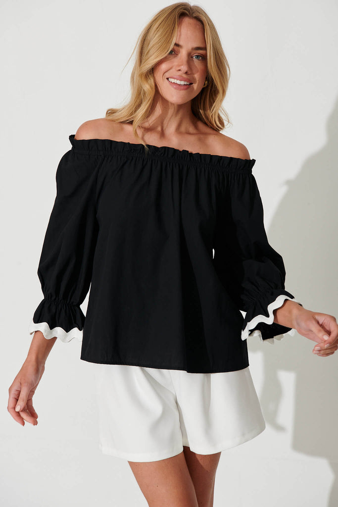 Imani Top In Black With White Ric Rac Trim Cotton - front