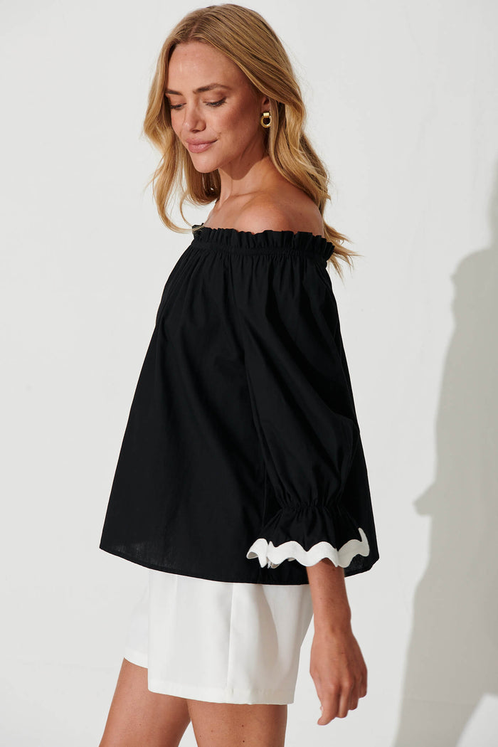 Imani Top In Black With White Ric Rac Trim Cotton - side
