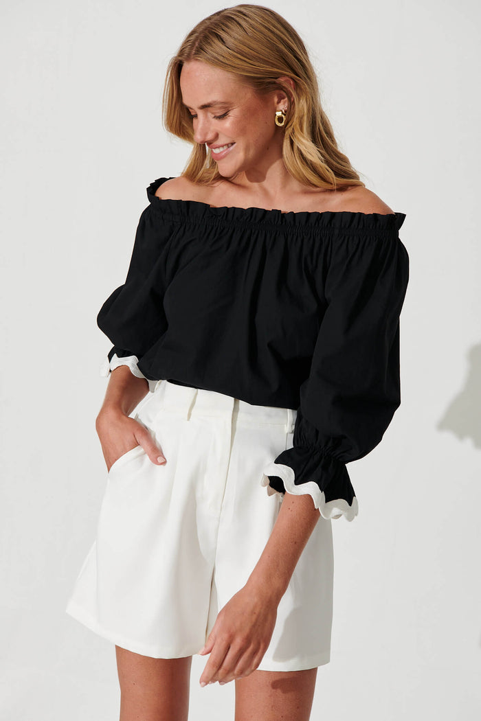Imani Top In Black With White Ric Rac Trim Cotton - front