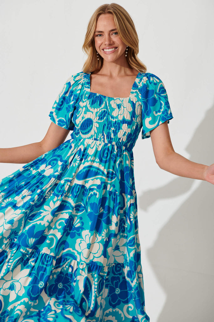 Jessica Dress In Blue Flower Print - front