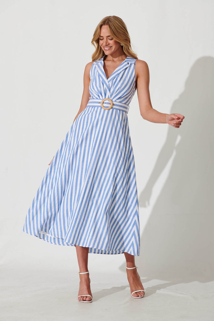 Solera Midi Dress In Blue And White Stripe Cotton Blend - full length