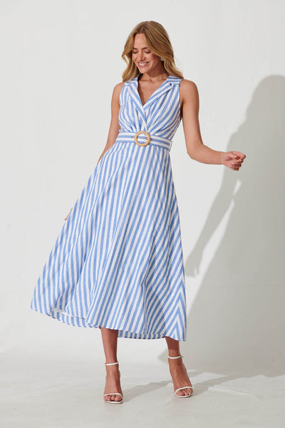 Adrina Maxi Dress In White With Blue Tile Print – St Frock