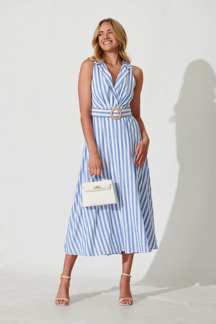 Solera Midi Dress In Blue And White Stripe Cotton Blend - full length