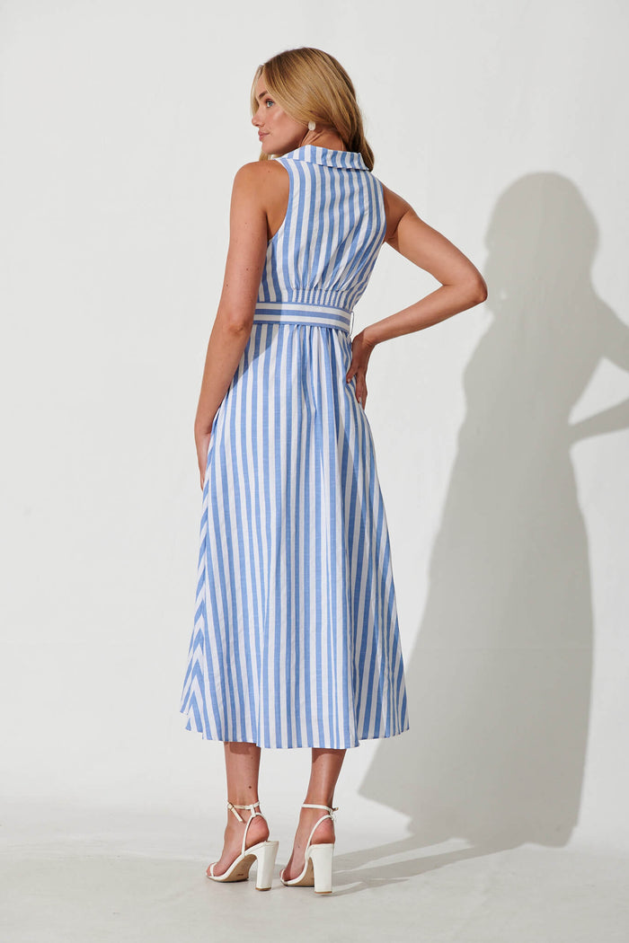 Solera Midi Dress In Blue And White Stripe Cotton Blend - back