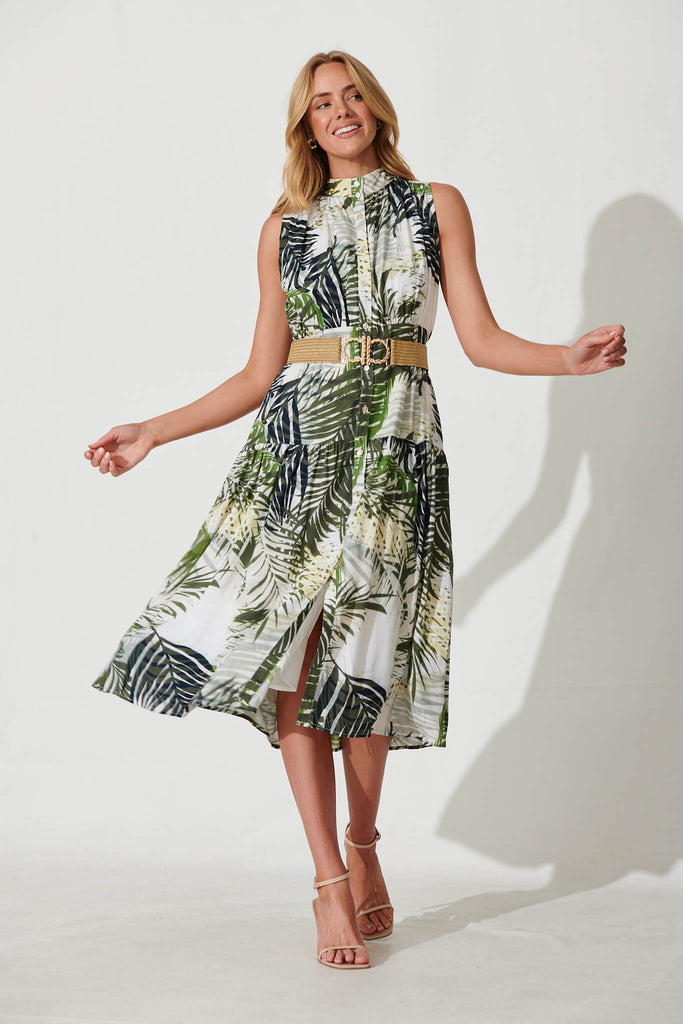 Pierre Midi Dress In Green With White Leaf Print - full length