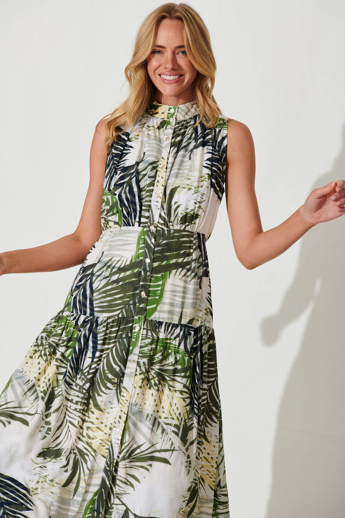Pierre Midi Dress In Green With White Leaf Print - front
