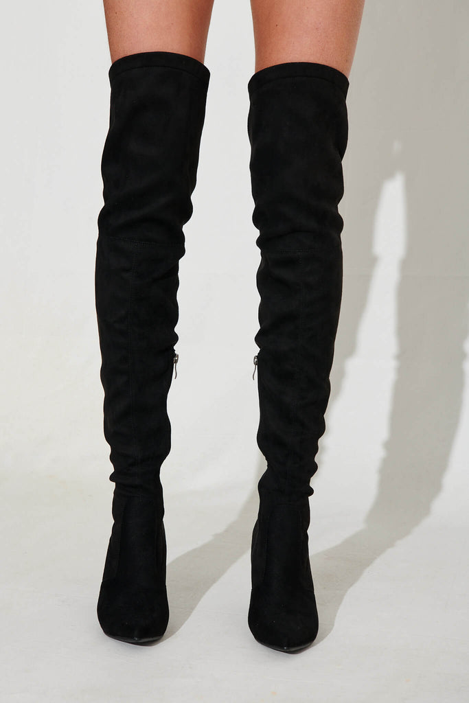 Cece Over The Knee Boots In Black Suedette - front
