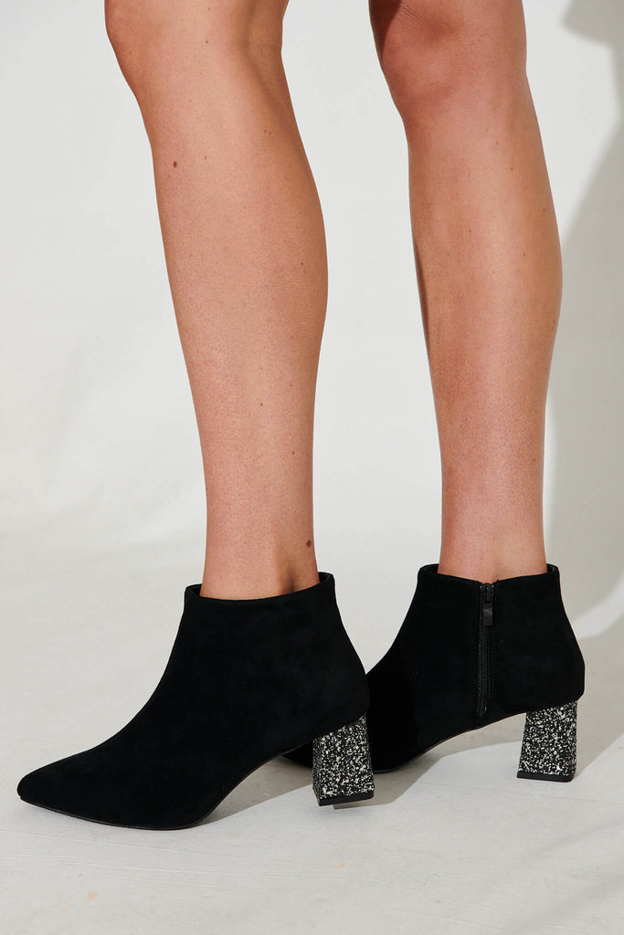 Robyn Ankle Boots In Black Suedette With Pewter Glitter Heel - side