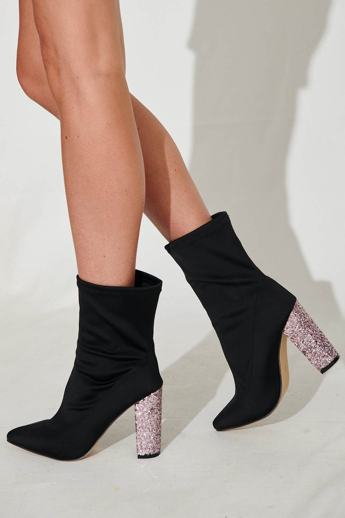 Spears Stretch Calf Boots In Black With Pink Glitter Heel - side