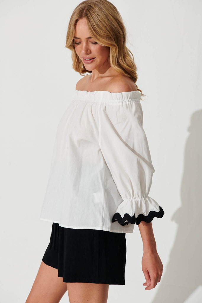Imani Top In White With Black Ric Rac Trim Cotton - side