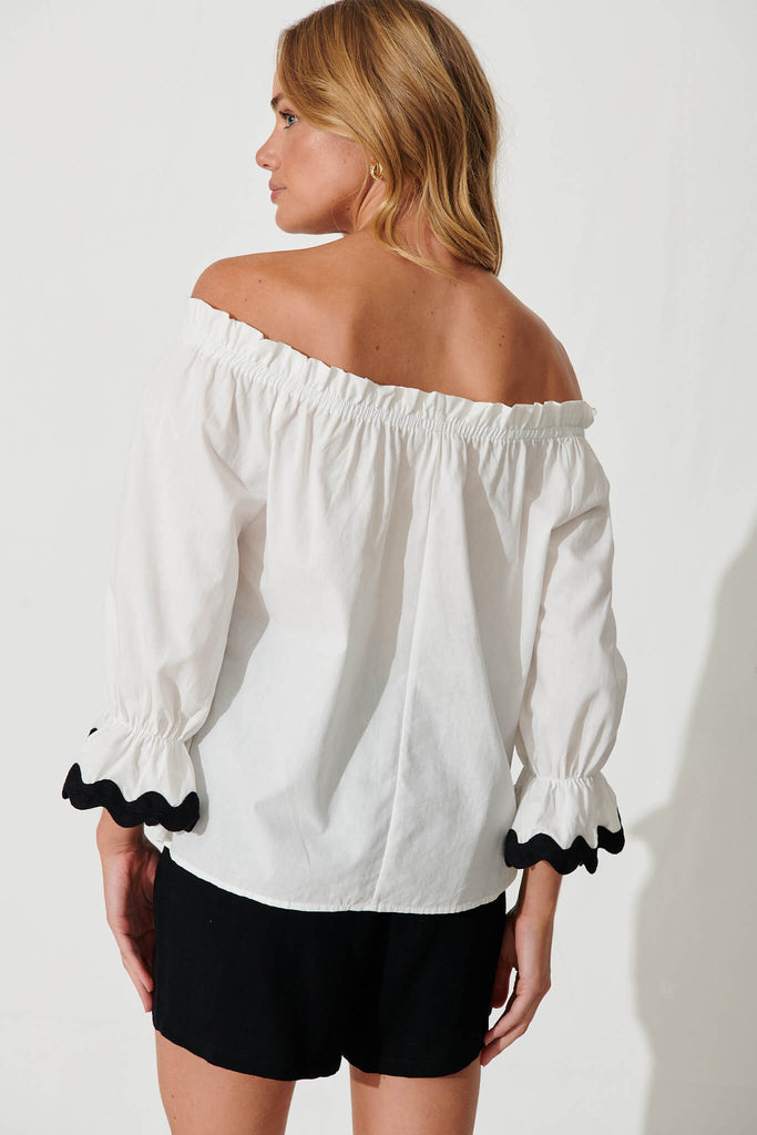 Imani Top In White With Black Ric Rac Trim Cotton - back