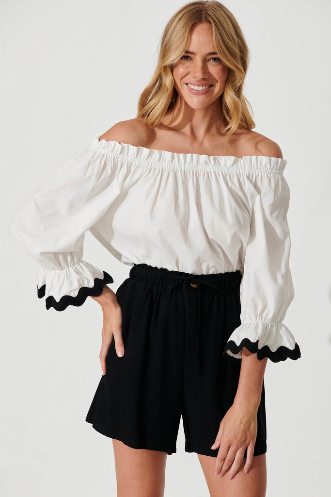Imani Top In White With Black Ric Rac Trim Cotton - front