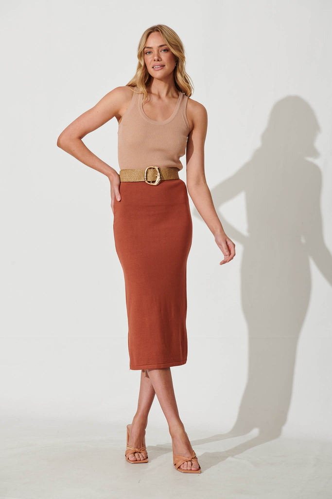 Leigh Midi Knit Skirt In Rust - full length