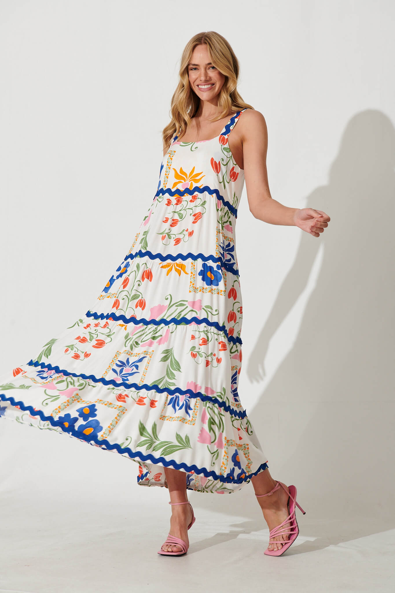 Chantal Maxi Dress In White Floral And Cobalt Ric Rac Trim – St Frock