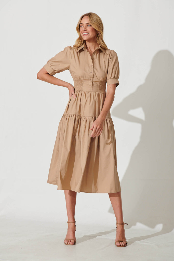 Fairfax Midi Shirt Dress In Taupe Cotton - full length