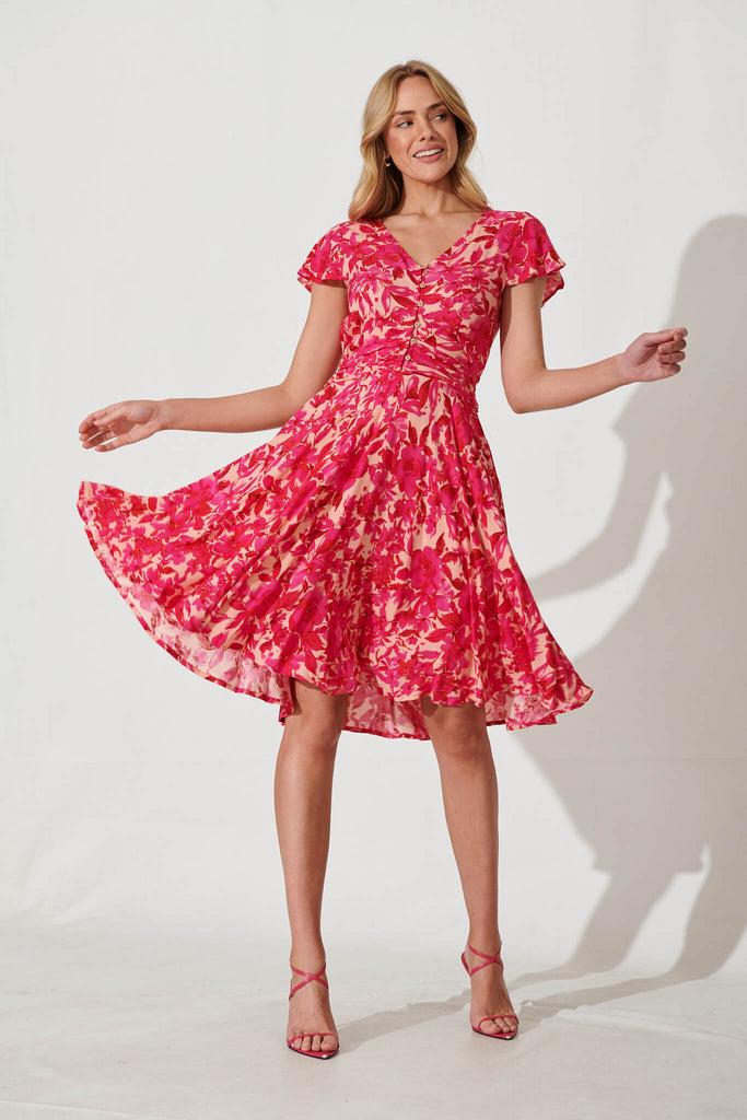 Grazie Dress In Bright Pink Floral - full length