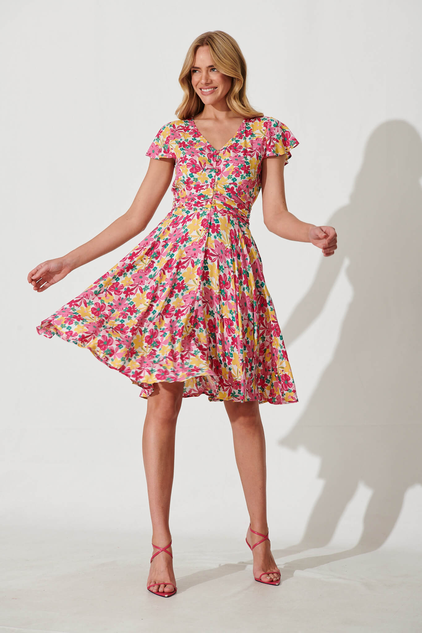 Grazie Dress In Pink With Yellow Floral - full length