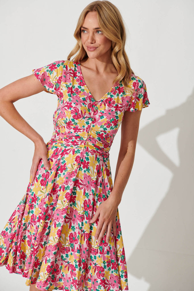 Grazie Dress In Pink With Yellow Floral - front